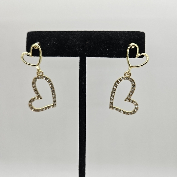 Double Heart Rhinestone Drop Earring Gold Tone S925 Post - Picture 6 of 14